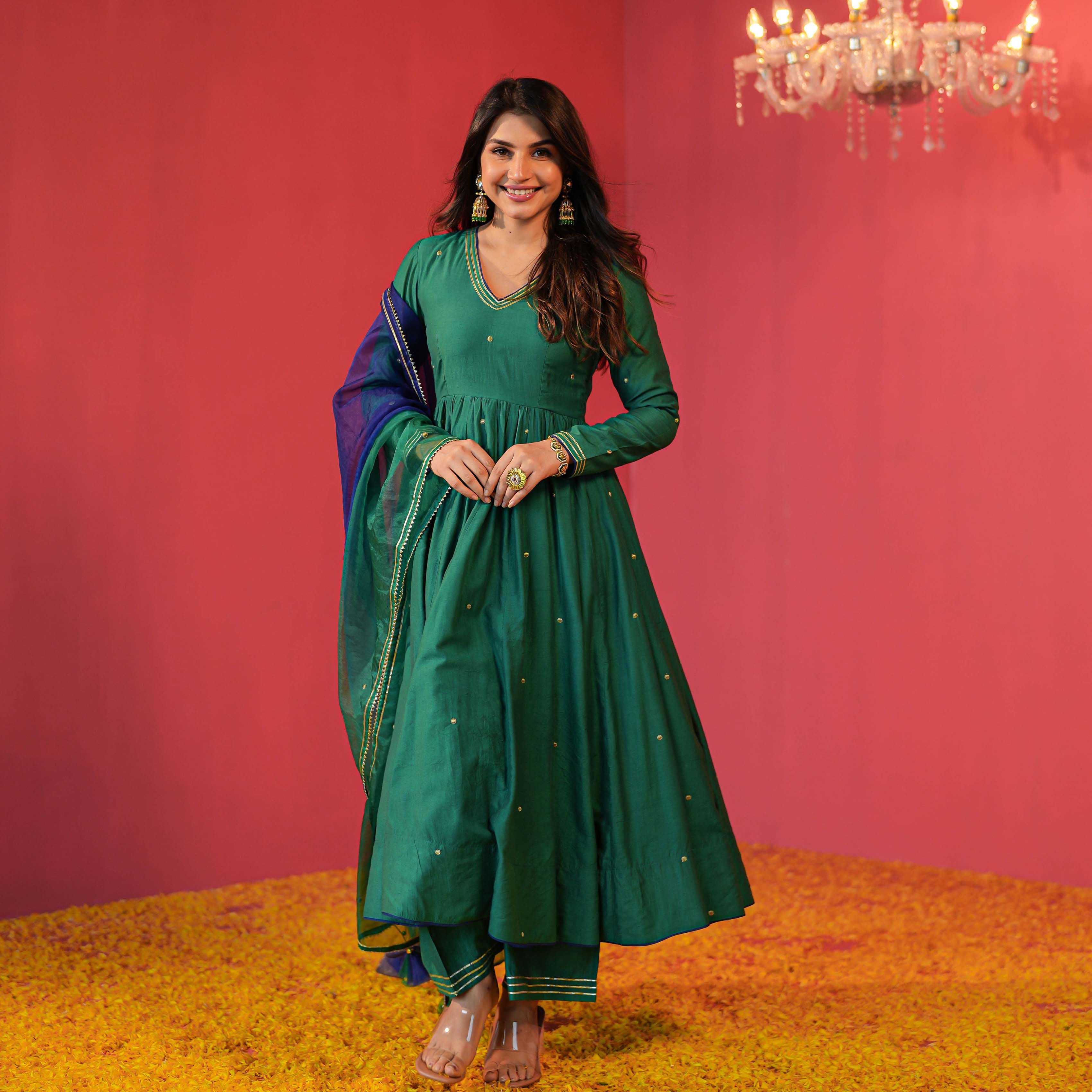 Green Chanderi Suit with Organza Dupatta