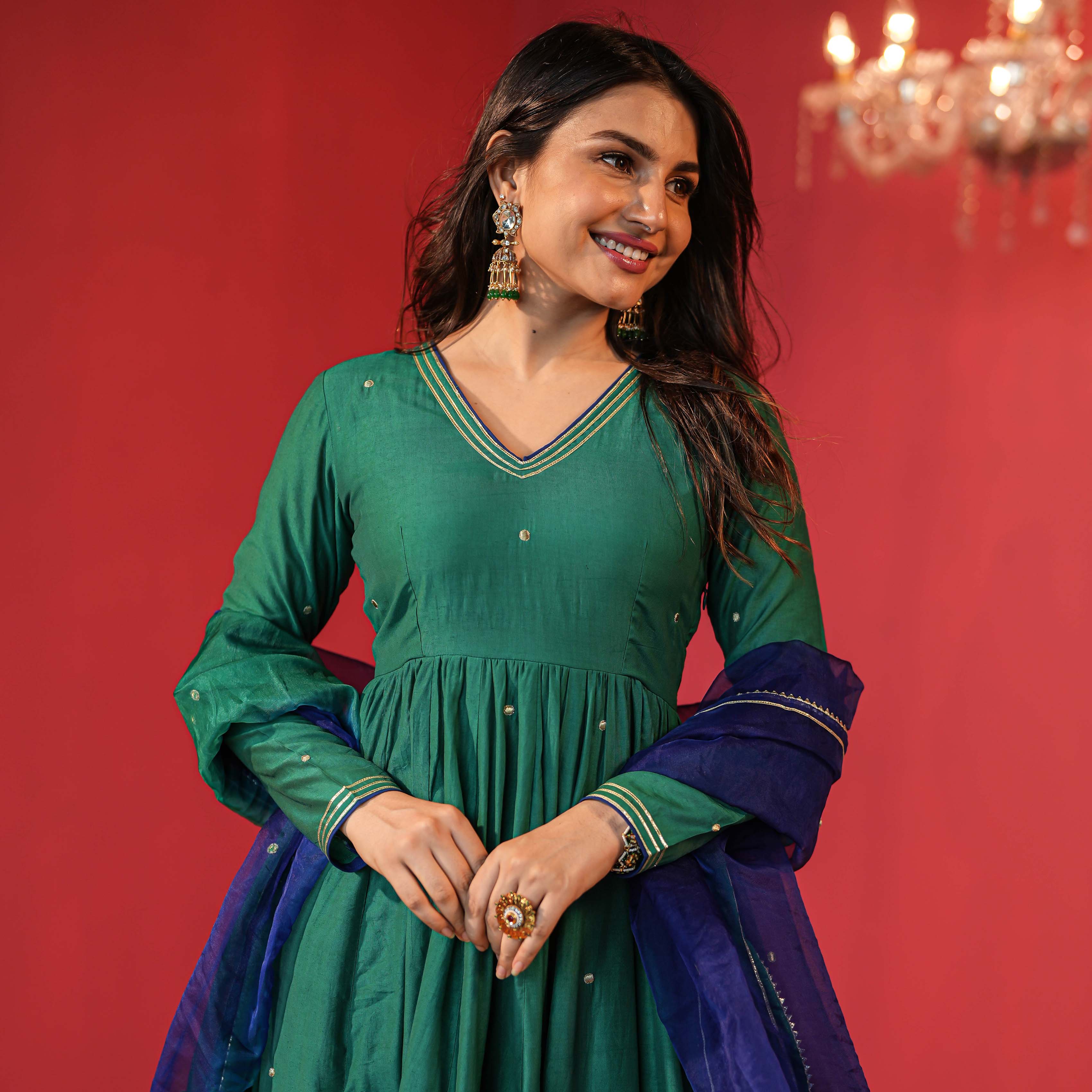 Green Chanderi Suit with Organza Dupatta