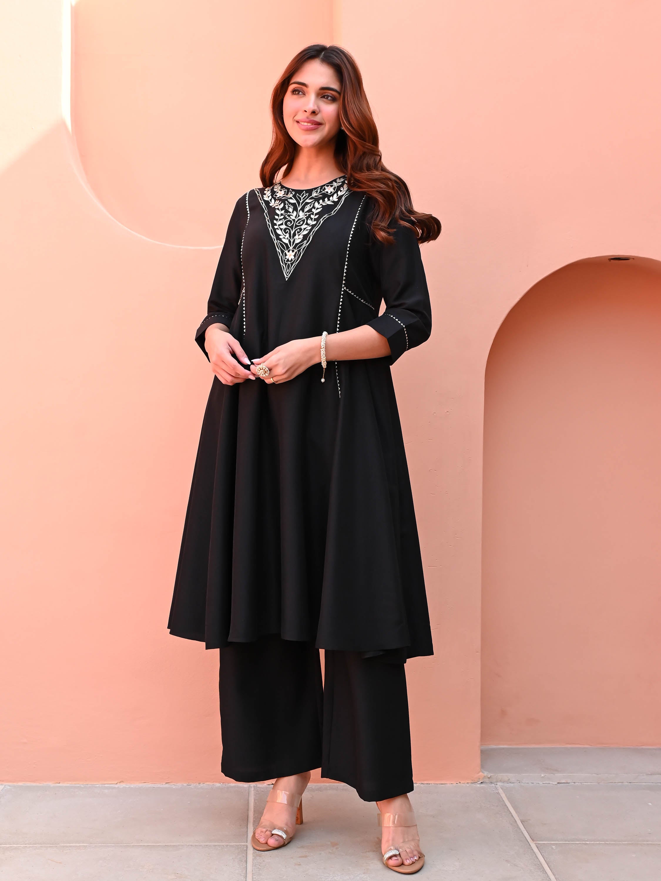 Black Embroidered Silk Kurta Set