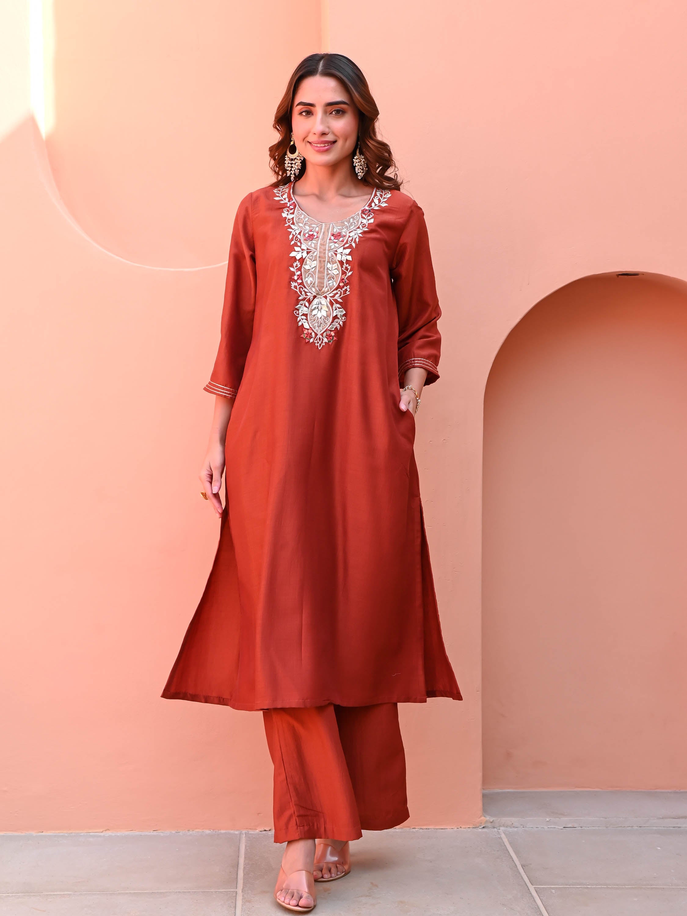 Burnt Orange Silk Kurta Set