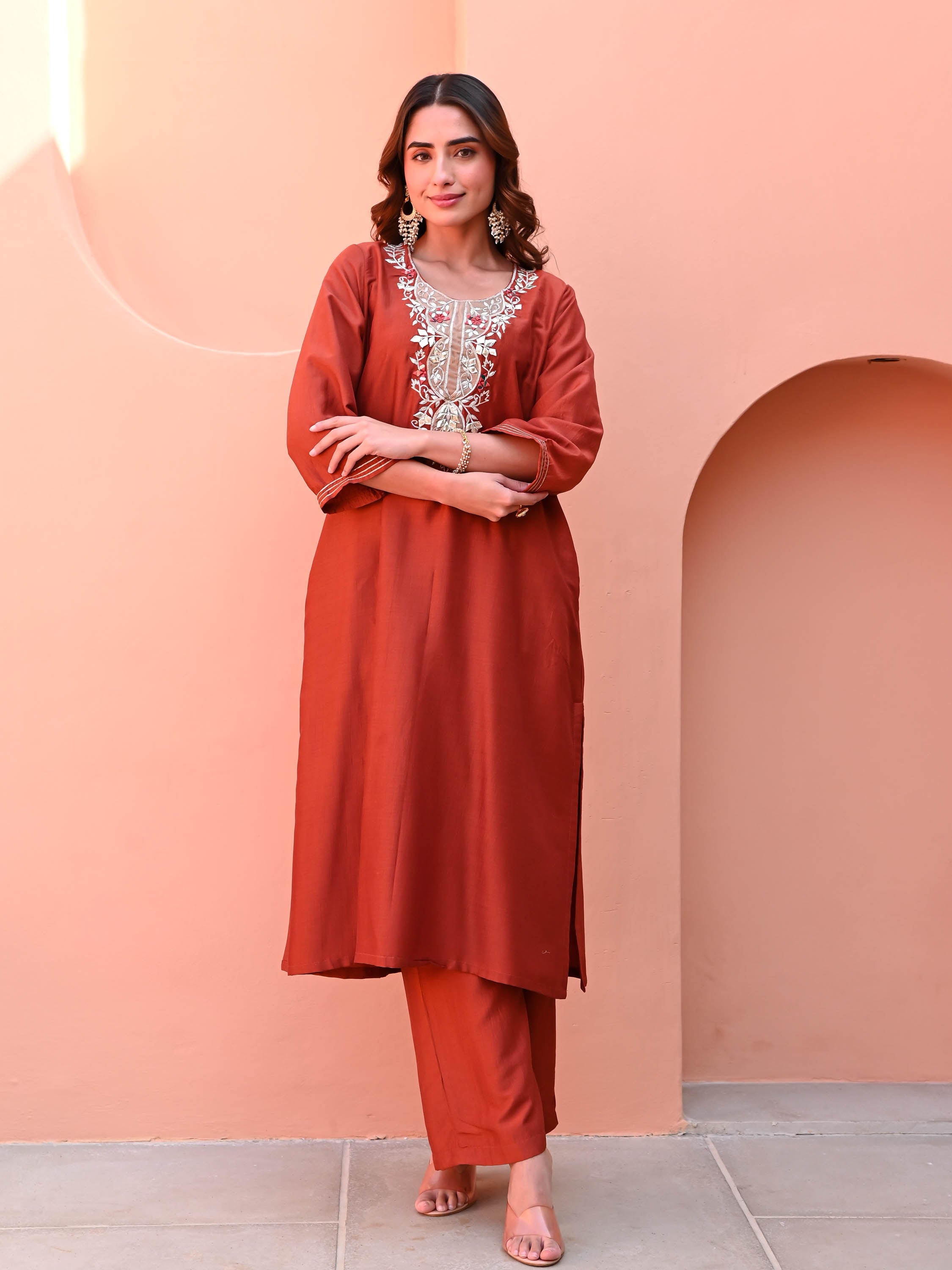 Burnt Orange Silk Kurta Set
