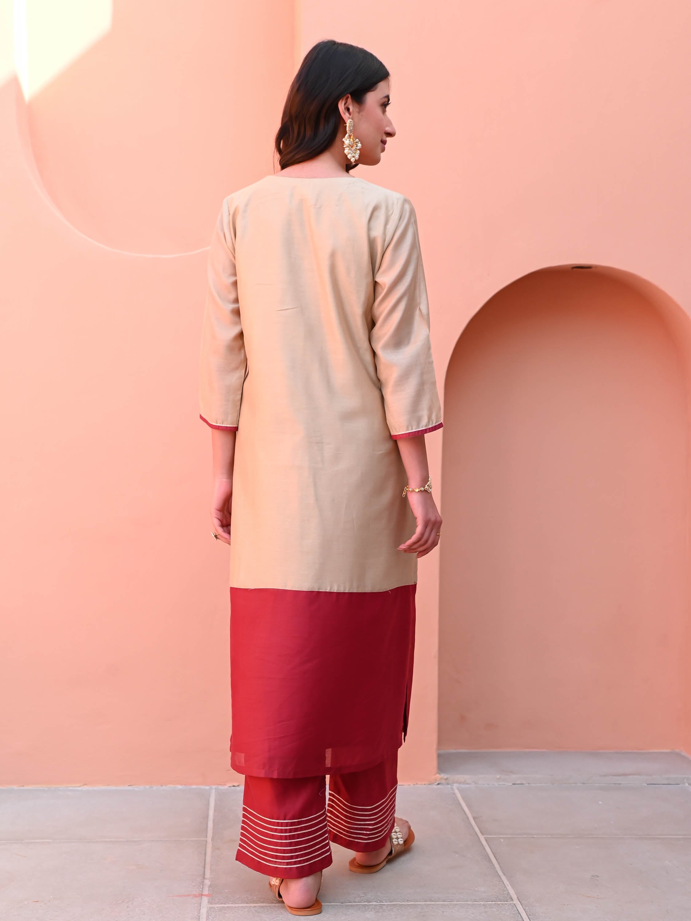 Maroon Beige Kurta Set