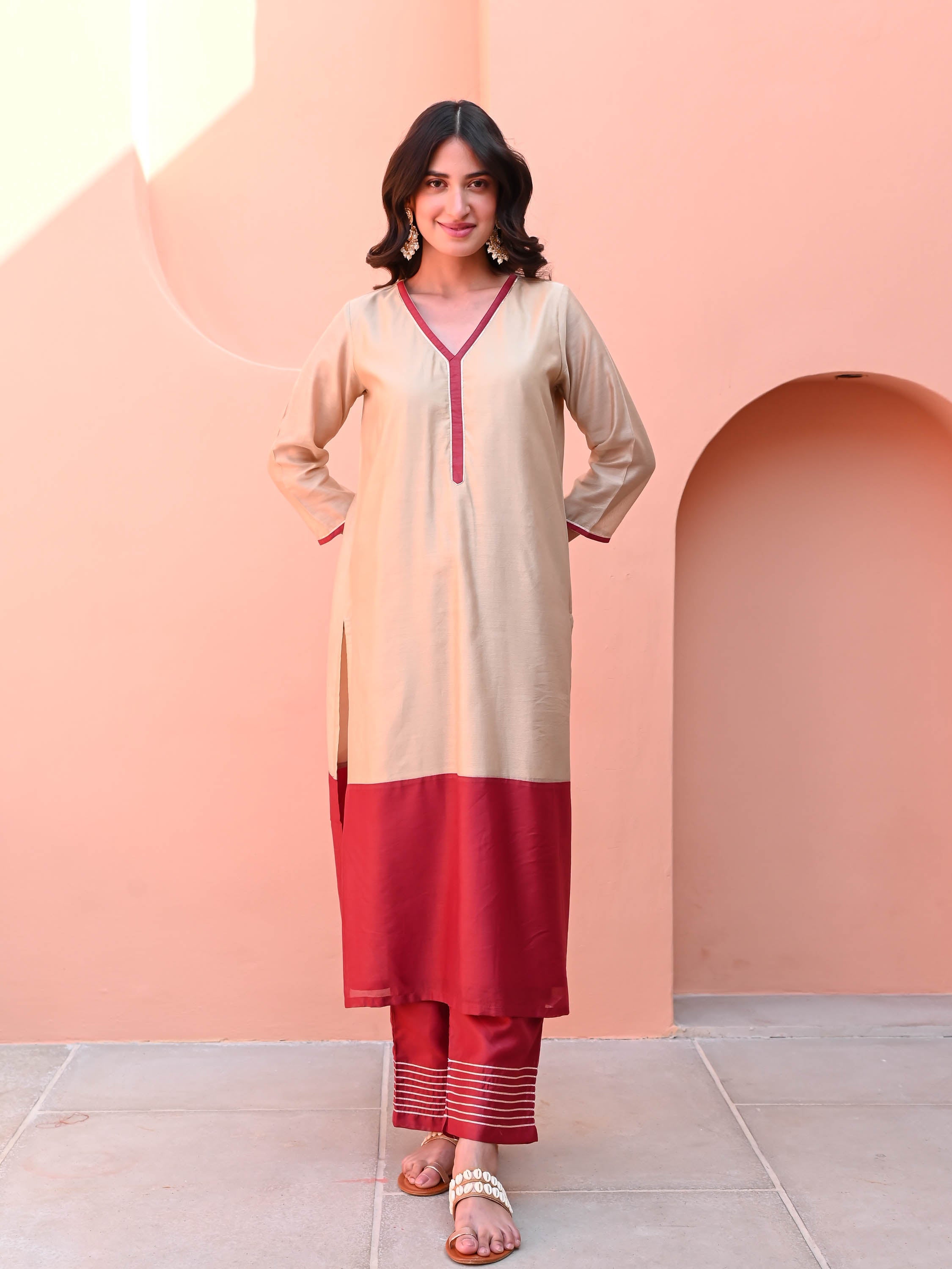 Maroon Beige Kurta Set