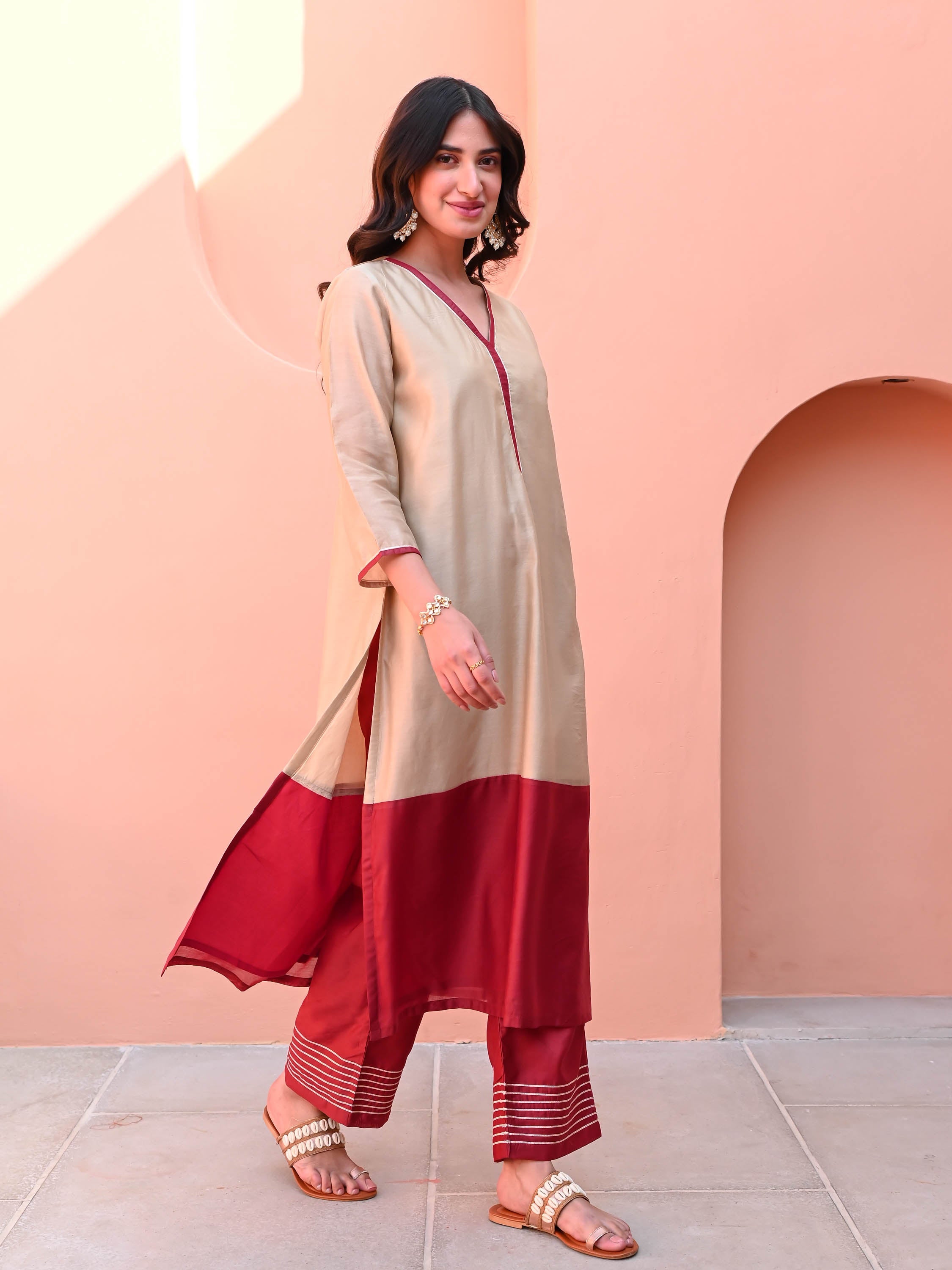 Maroon Beige Kurta Set