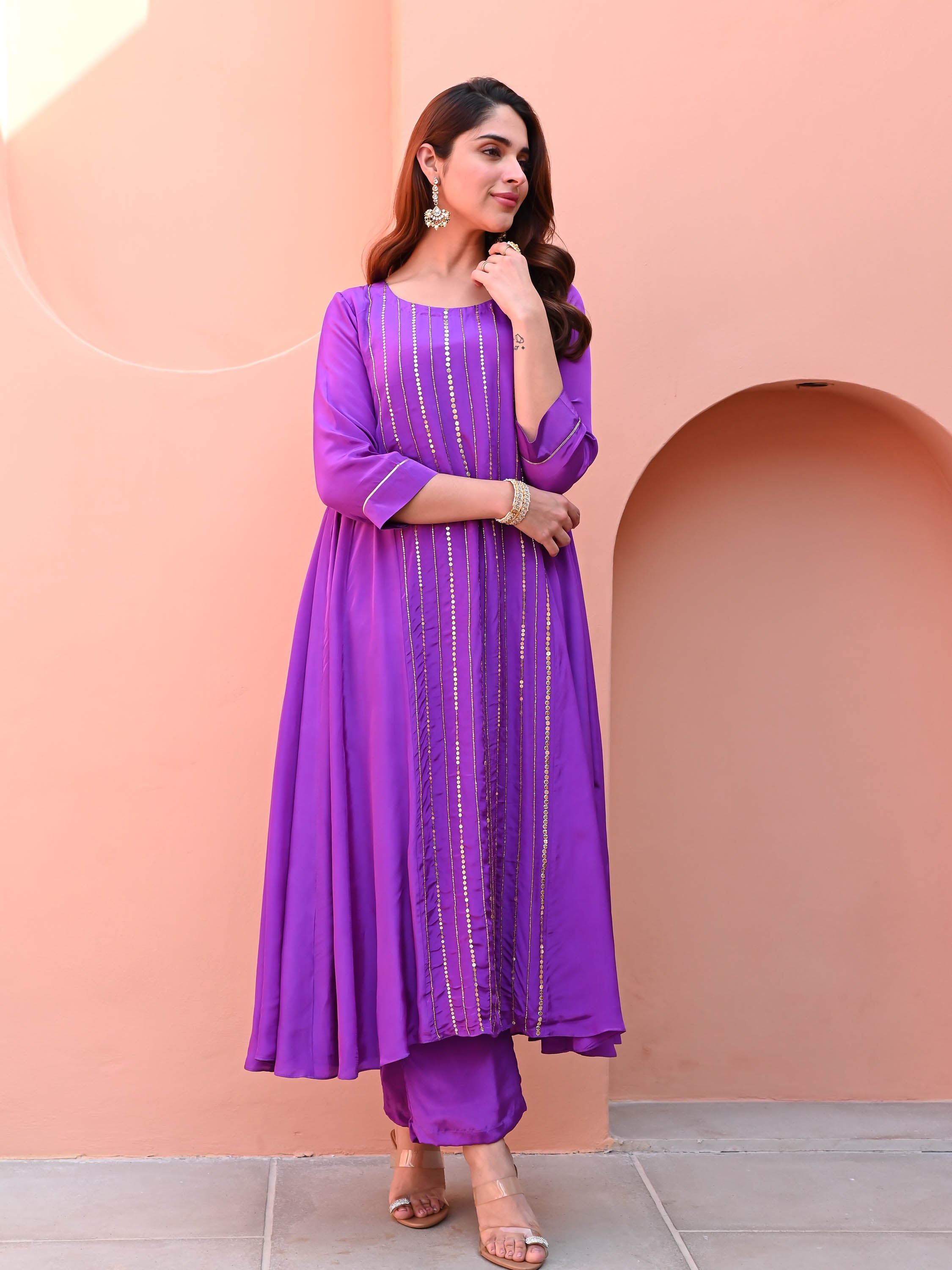 Purple Silk Embroidered Kurta Set