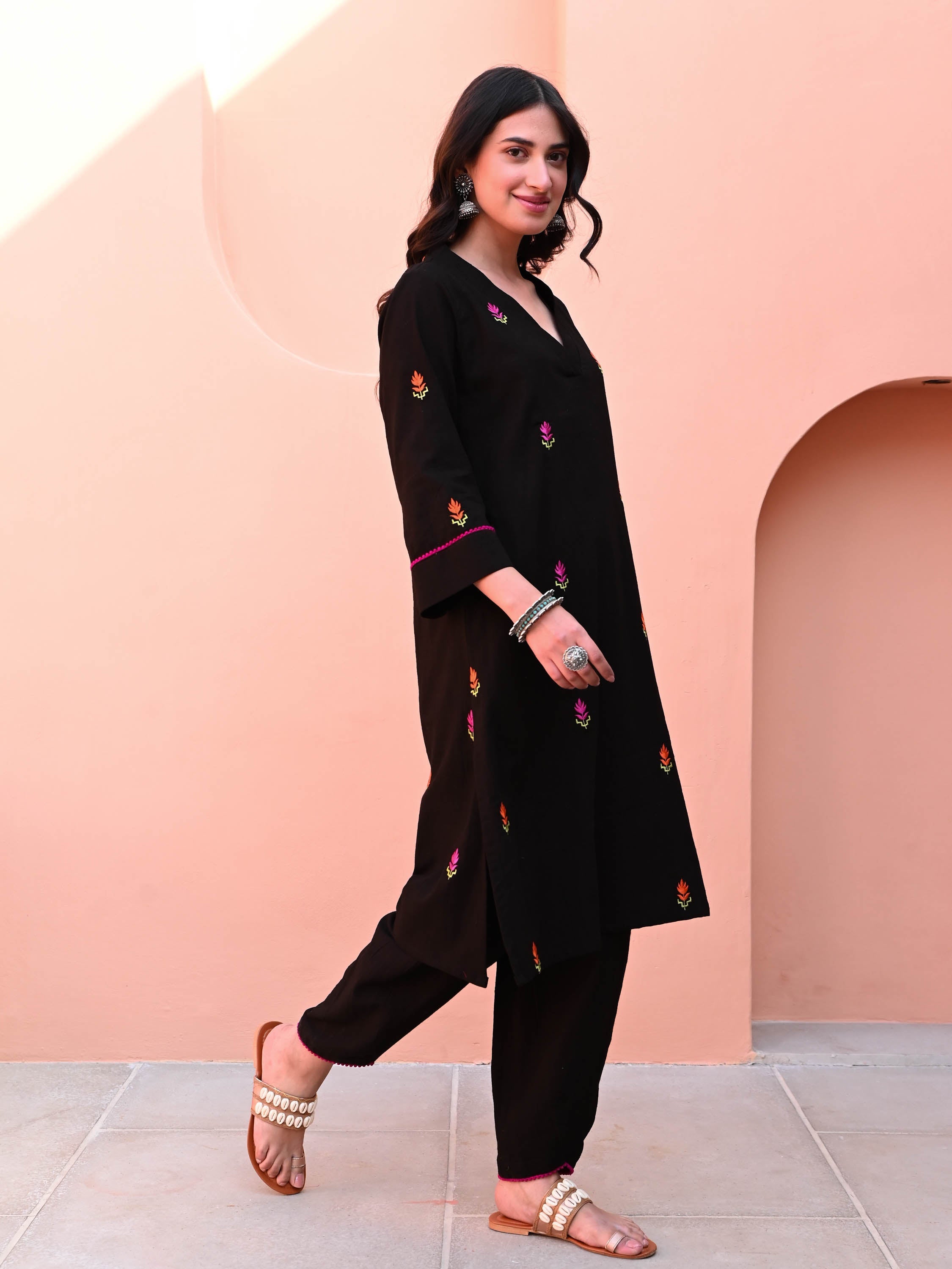 Black Embroidered Cotton Co-ord Set