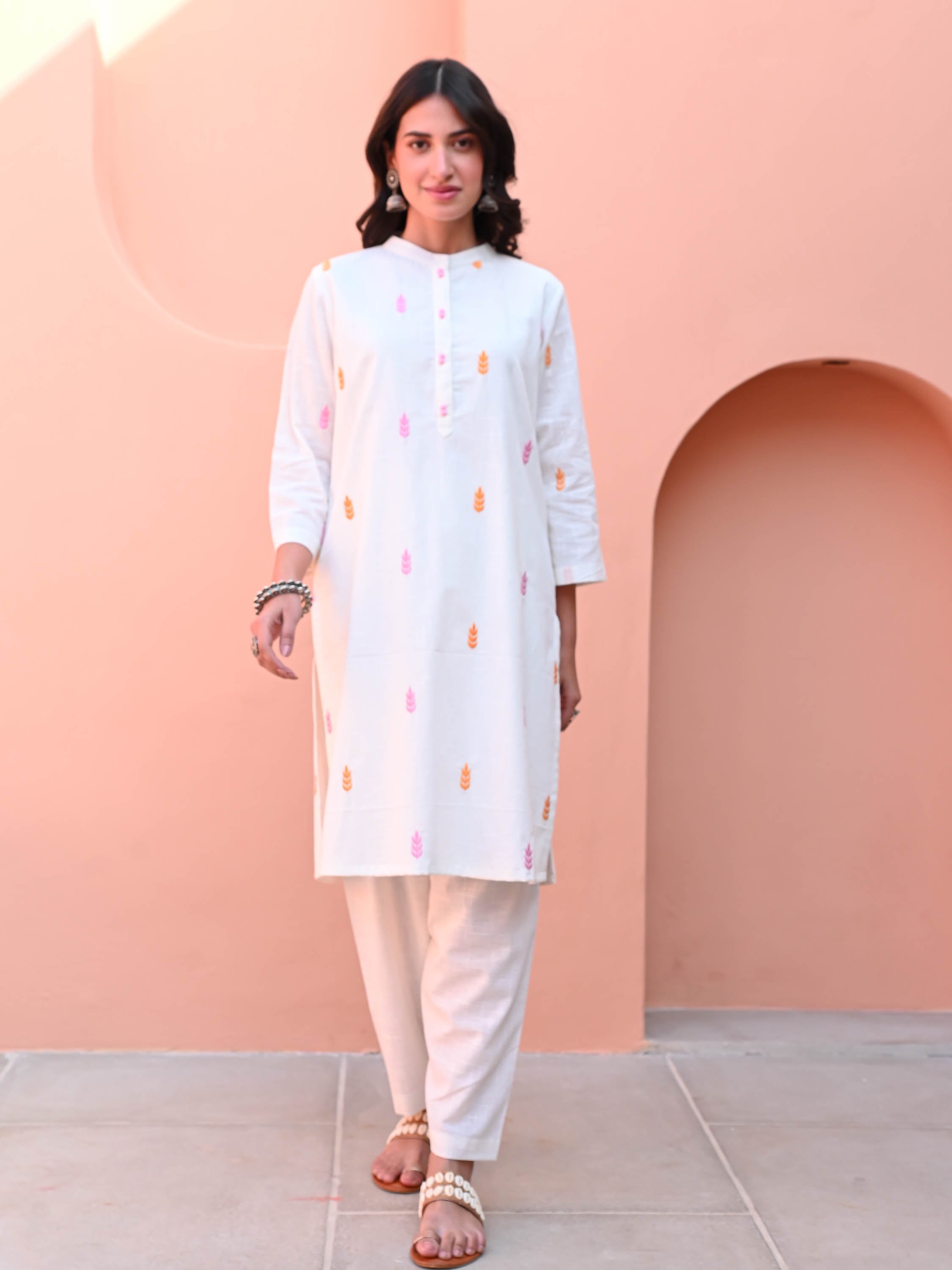 White Motif Embroidery Kurta Set