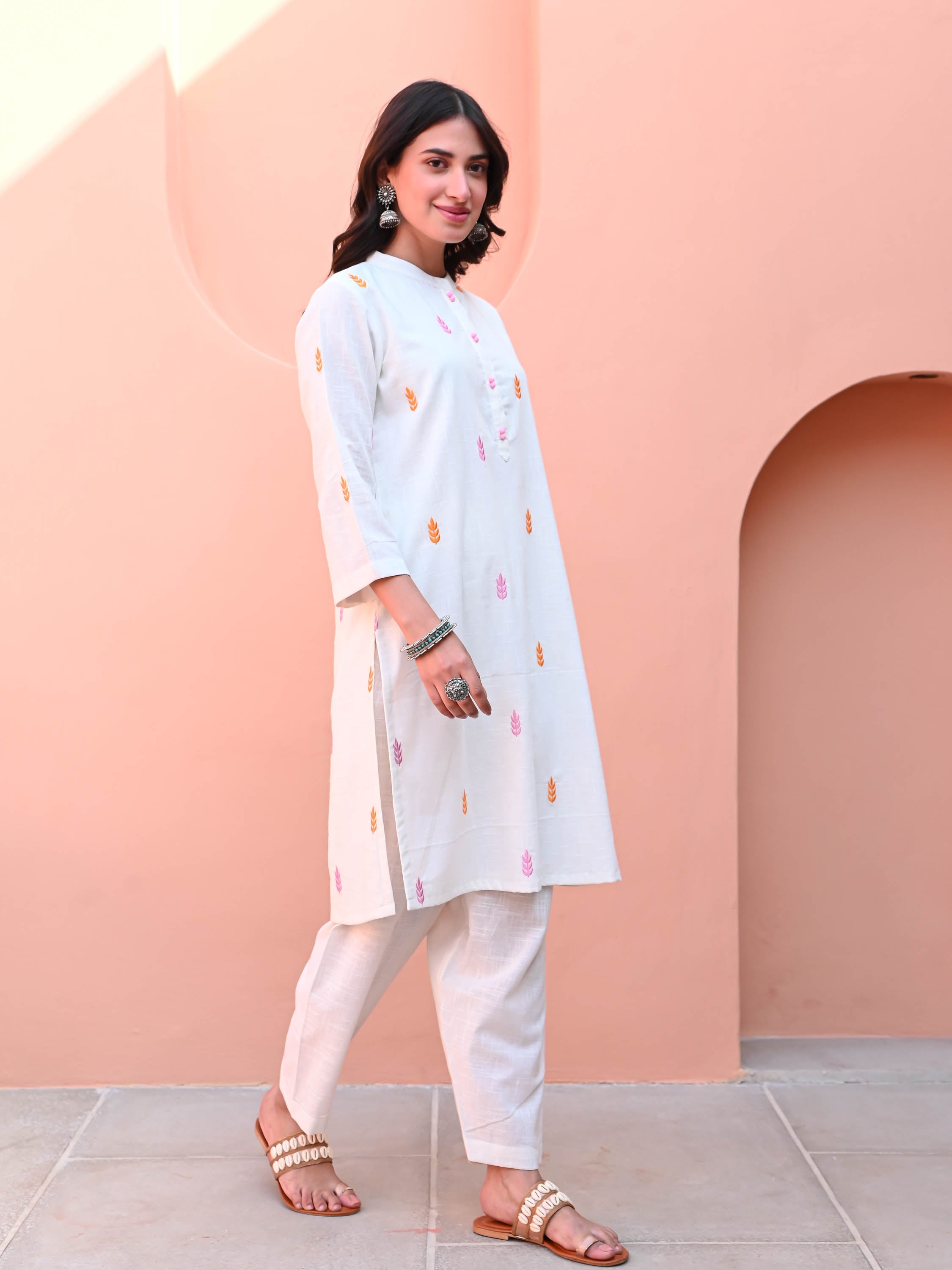 White Motif Embroidery Kurta Set