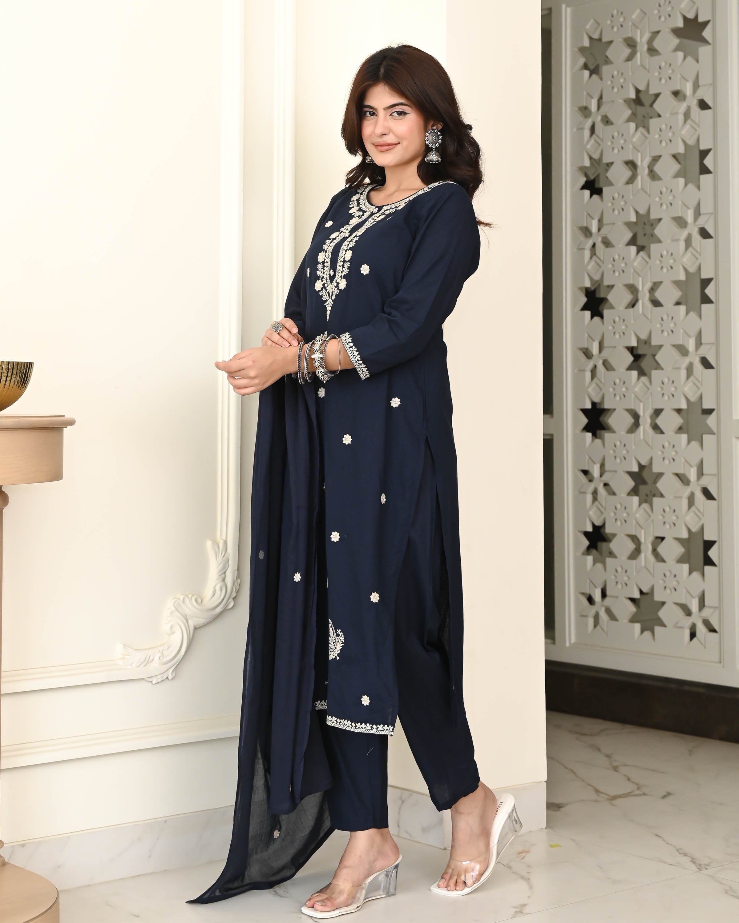 Blue White Embroidered Suit Set