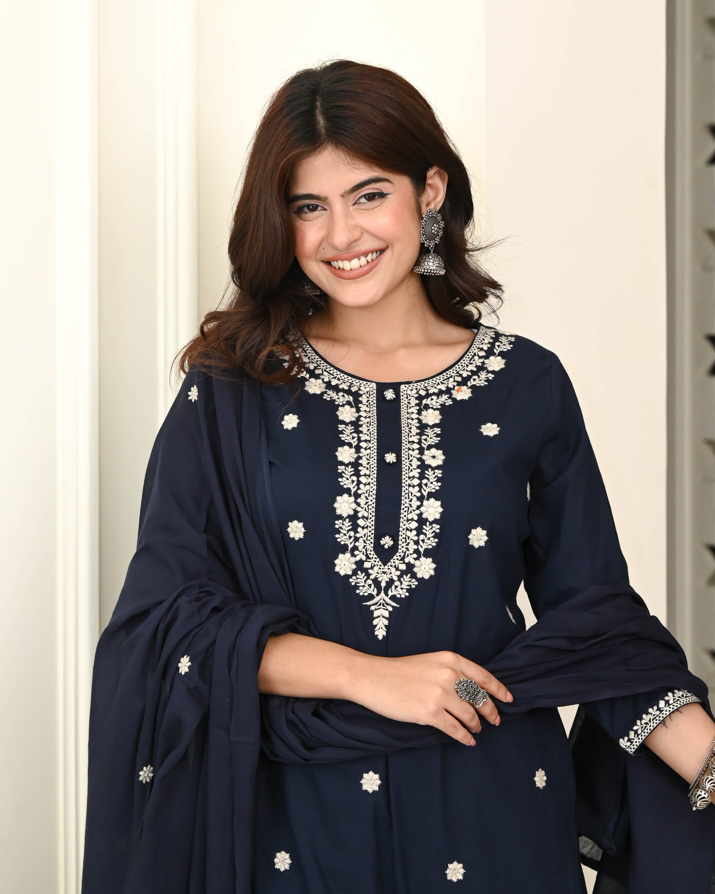 Blue White Embroidered Suit Set