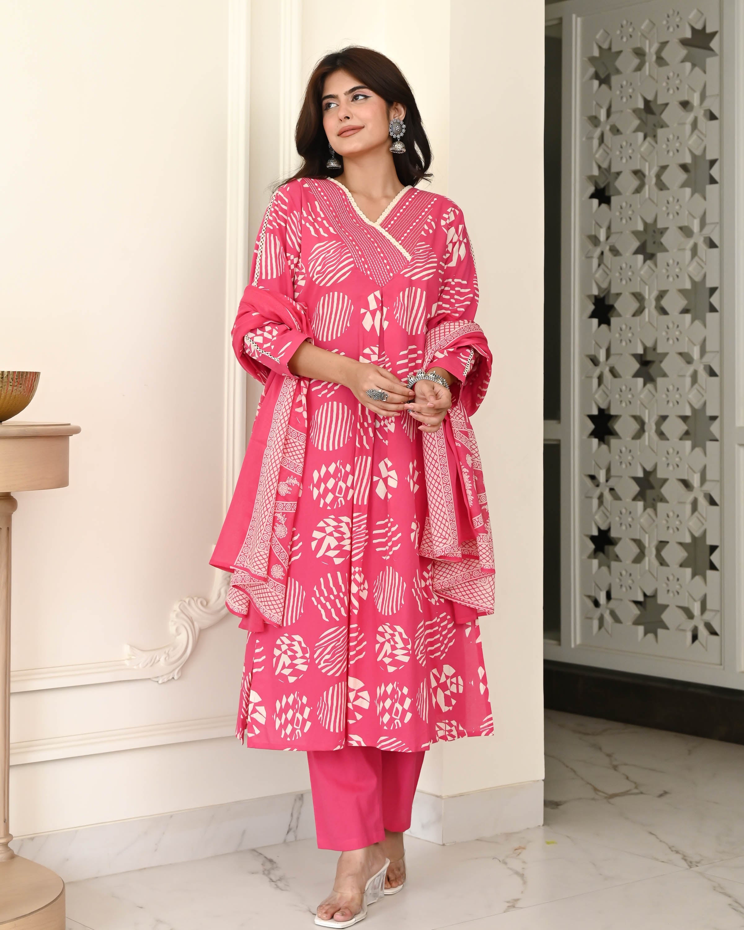 Pink White Handblock Suit Set