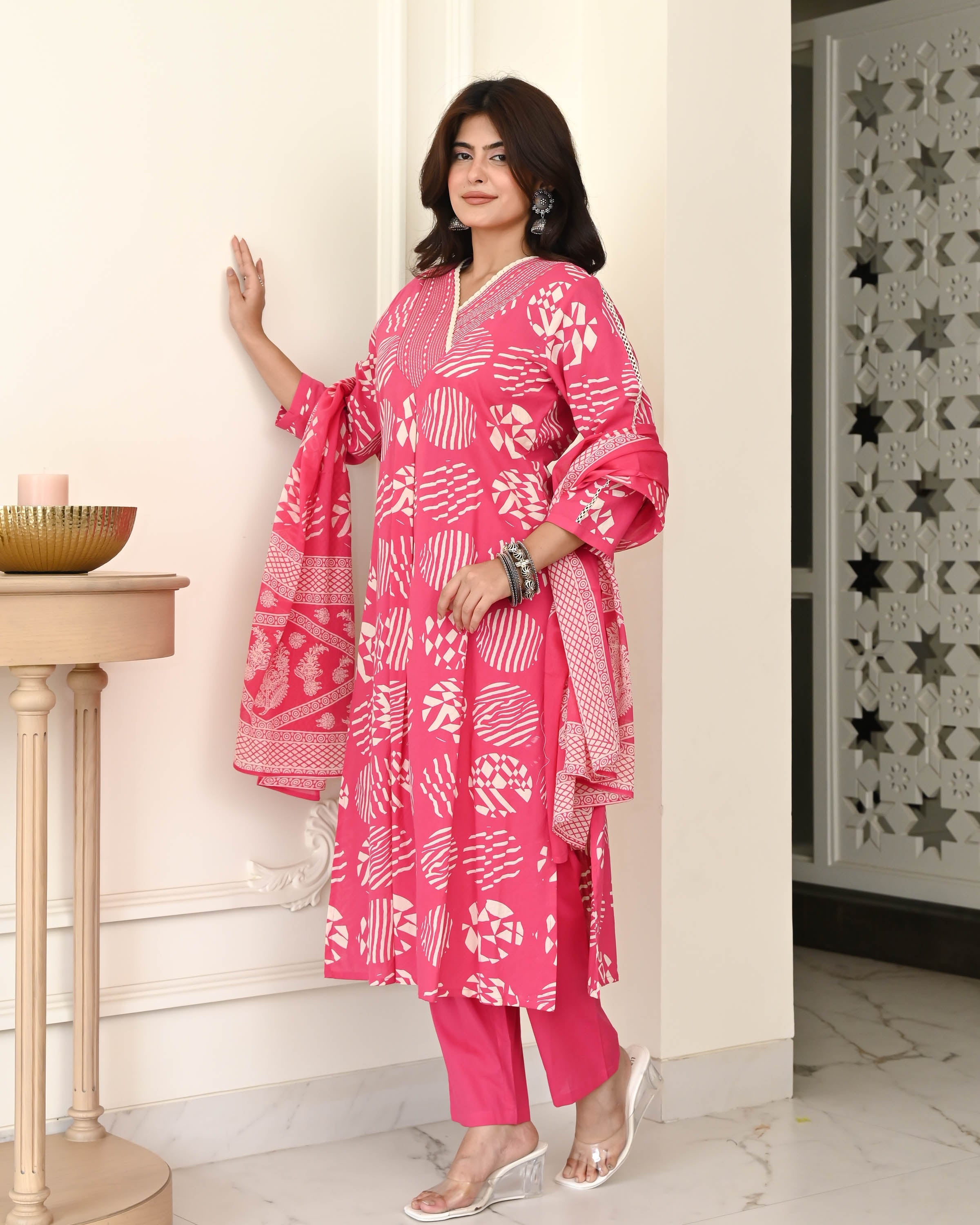 Pink White Handblock Suit Set