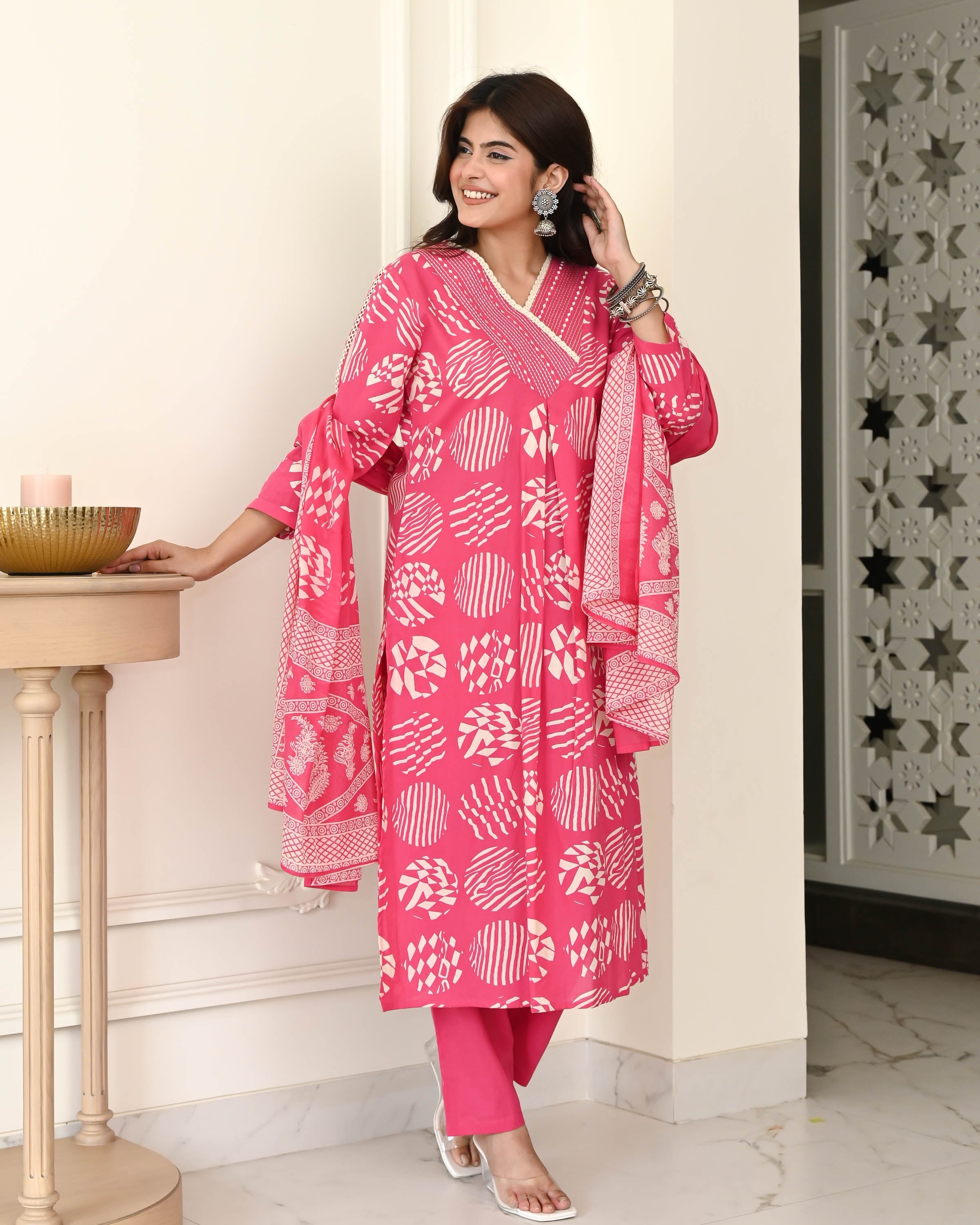 Pink White Handblock Suit Set