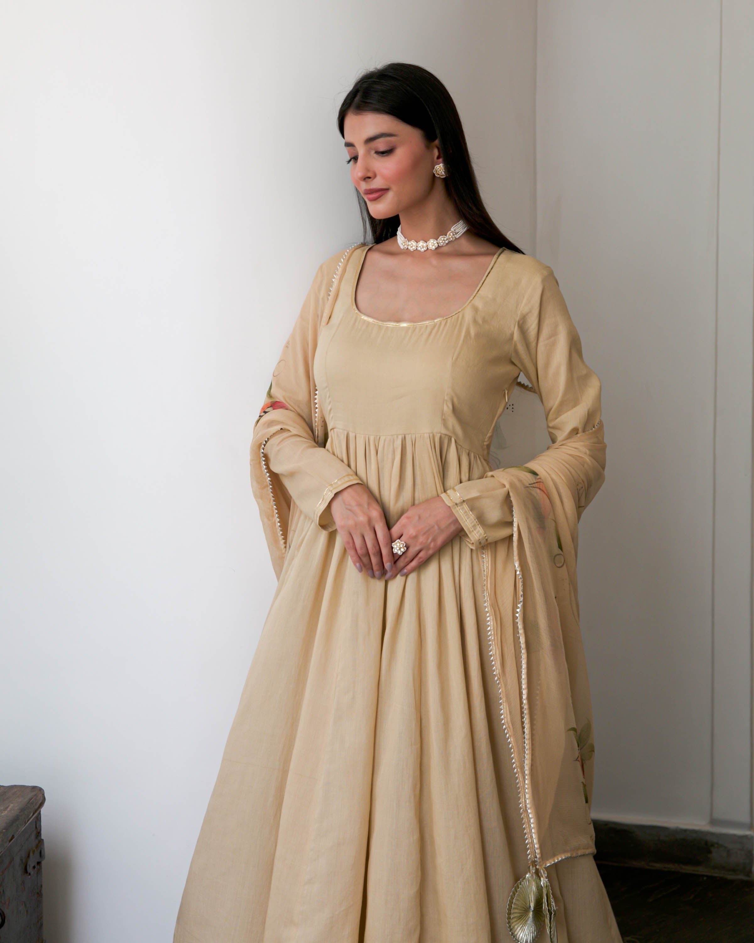 Beige Suit Set with Handpainted Dupatta