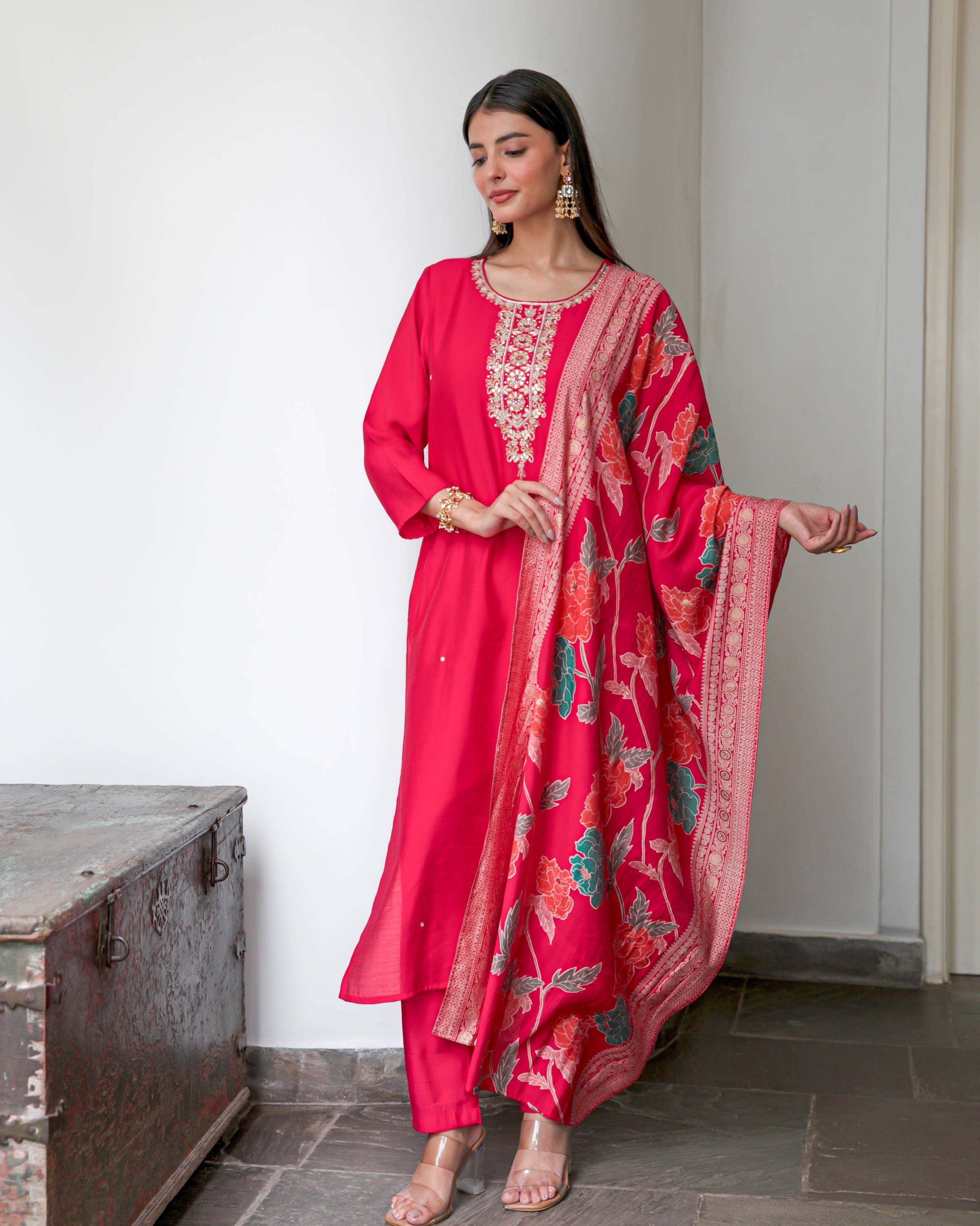 Hot Pink Embroidered Suit Set