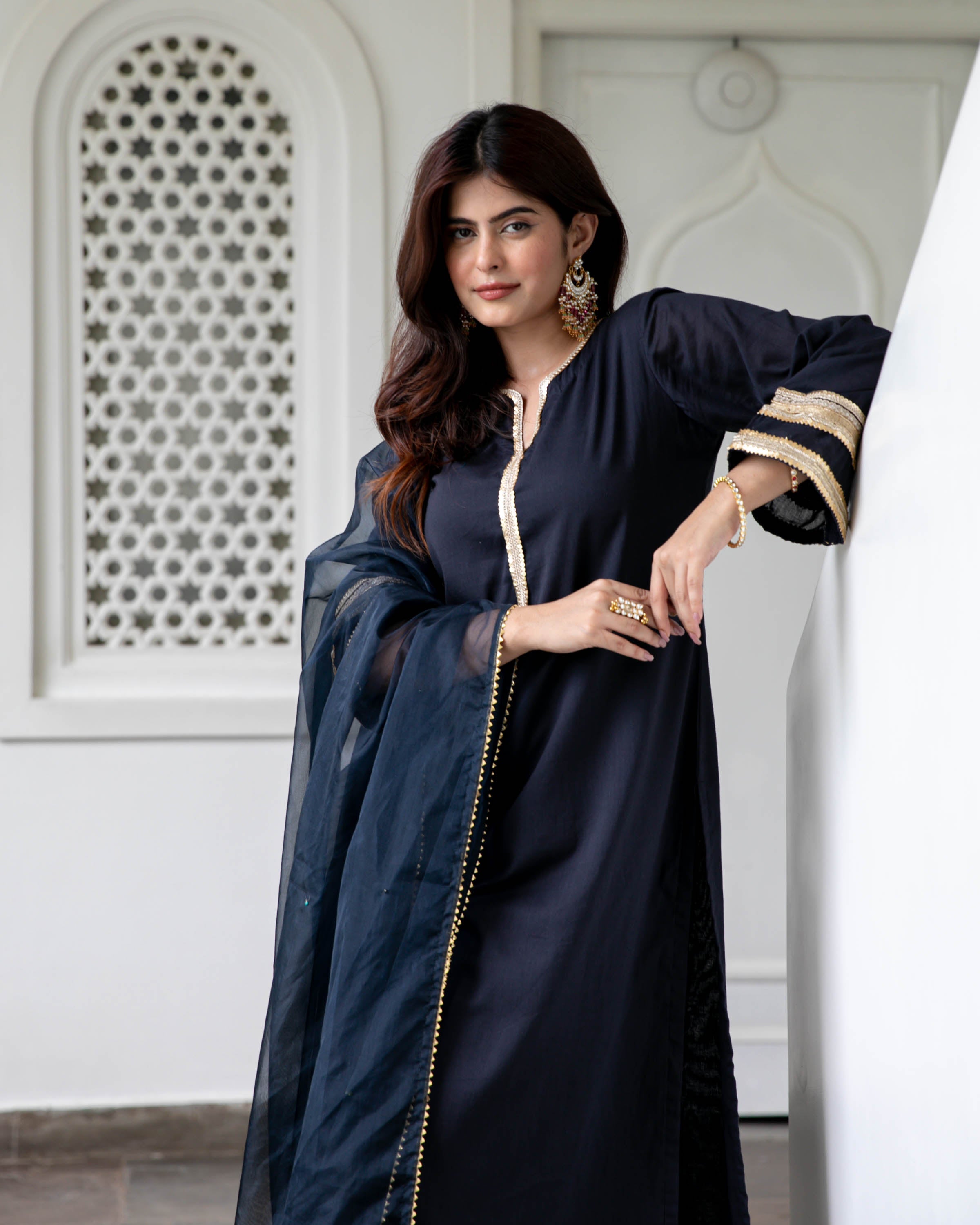 Black Cotton Suit Set with Organza Dupatta