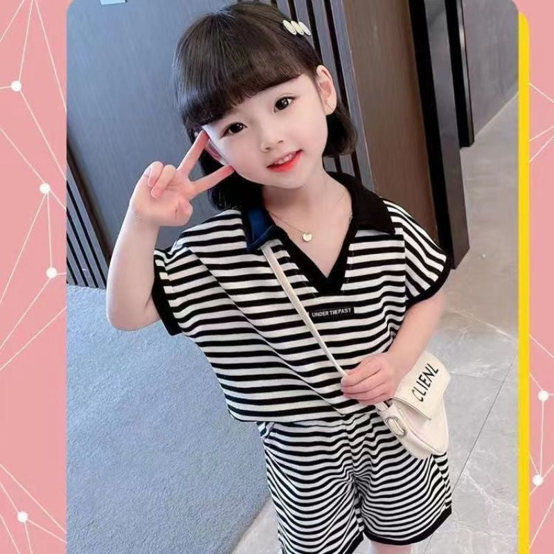 Collared Boys and Girls Striped Tshirt and Shorts Set