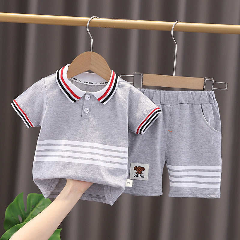 Collared Gray Striped Tshirt and Shorts Boys Set