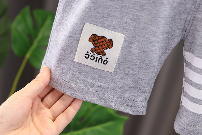 Collared Gray Striped Tshirt and Shorts Boys Set