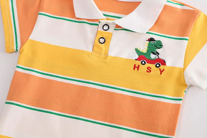 Collared T-shirt And Shorts Boys Set with Green Bag