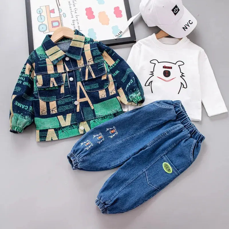 Boys Text Print Jacket, T-shirt And Jeans 3 Pcs Se