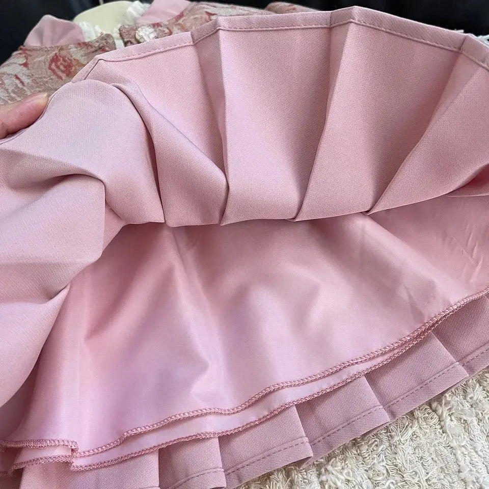 Girls Jacquard Blazer And Pleated Skirt 2 Pcs Set