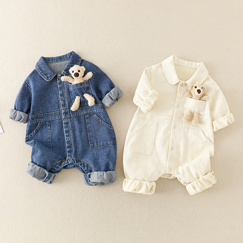 Denim Baby Boys Girls Jumpsuit With 3D Teddy Bear