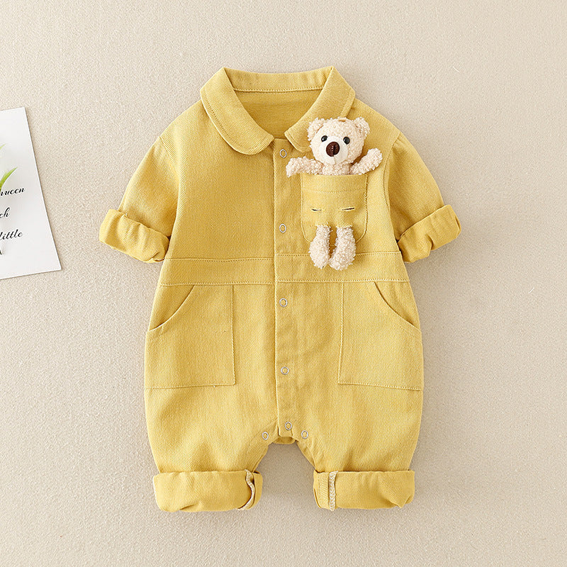 Denim Baby Boys Girls Jumpsuit With 3D Teddy Bear