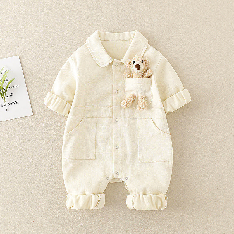 Denim Baby Boys Girls Jumpsuit With 3D Teddy Bear