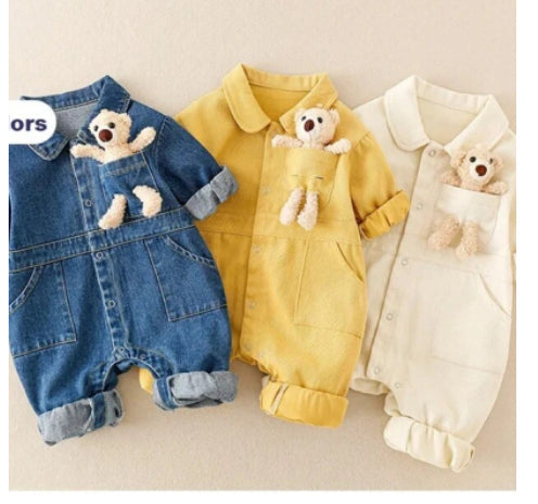 Denim Baby Boys Girls Jumpsuit With 3D Teddy Bear