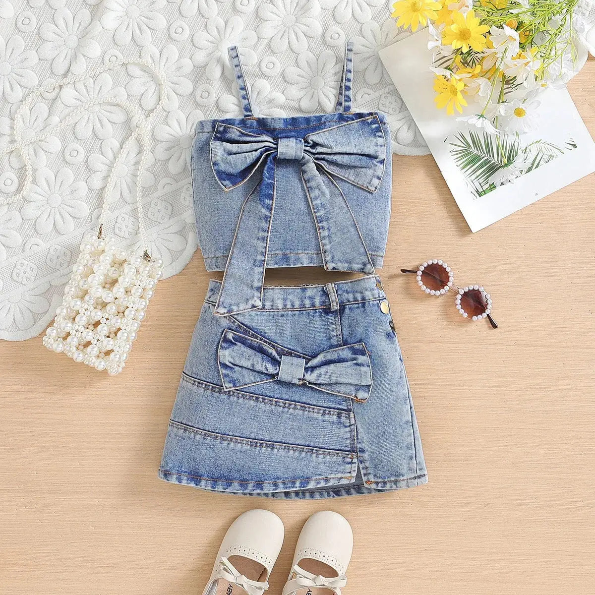Girls Denim Bow Crop Top And Skirt 2 Pcs Set