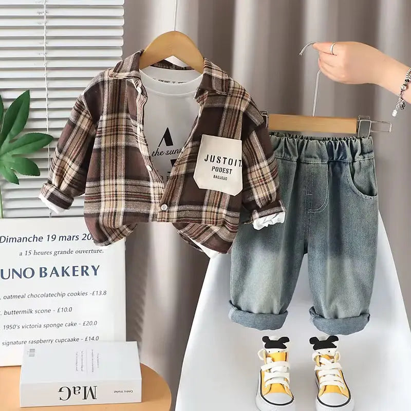 Boys Plaid Shirt With T-shirt And Jeans 3 Pc Set