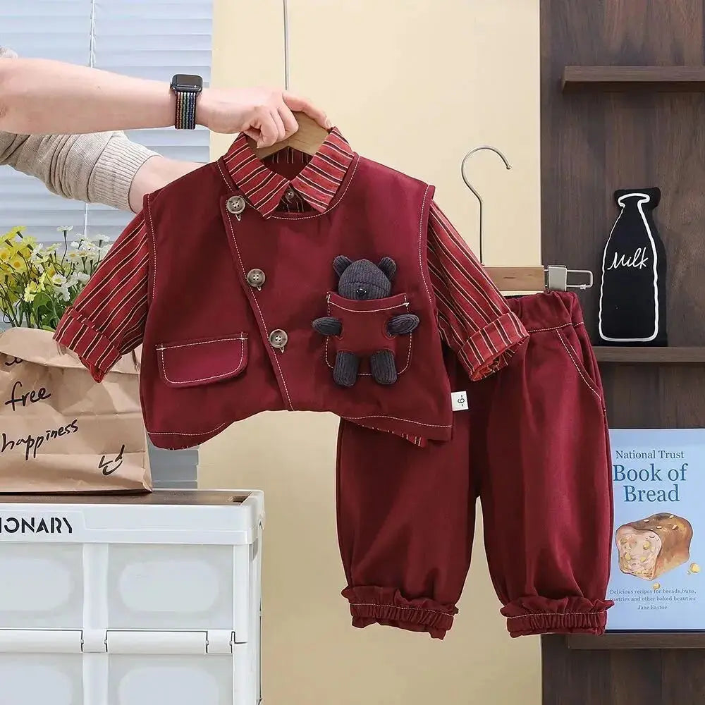 Boys Maroon Striped Shirt With Teddy Attached Coat And Trouser 3 Pcs Set