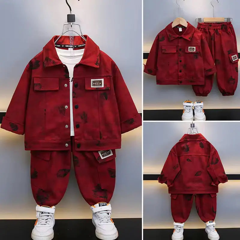 Boys Red Denim-Style Jacket & Jogger Co-ord Set with White Tee