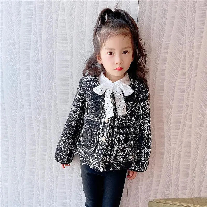 Girls Black Tweed Coat With Trousers 2 Pcs Set