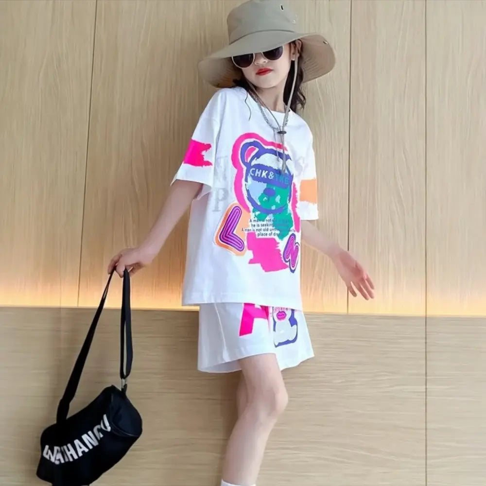 Girls White Printed Summer Co-ord Set