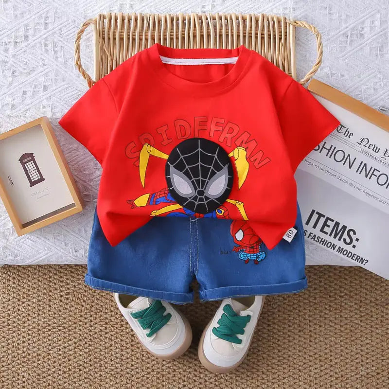 Boys Cartoon Printed Red Tee And Shorts