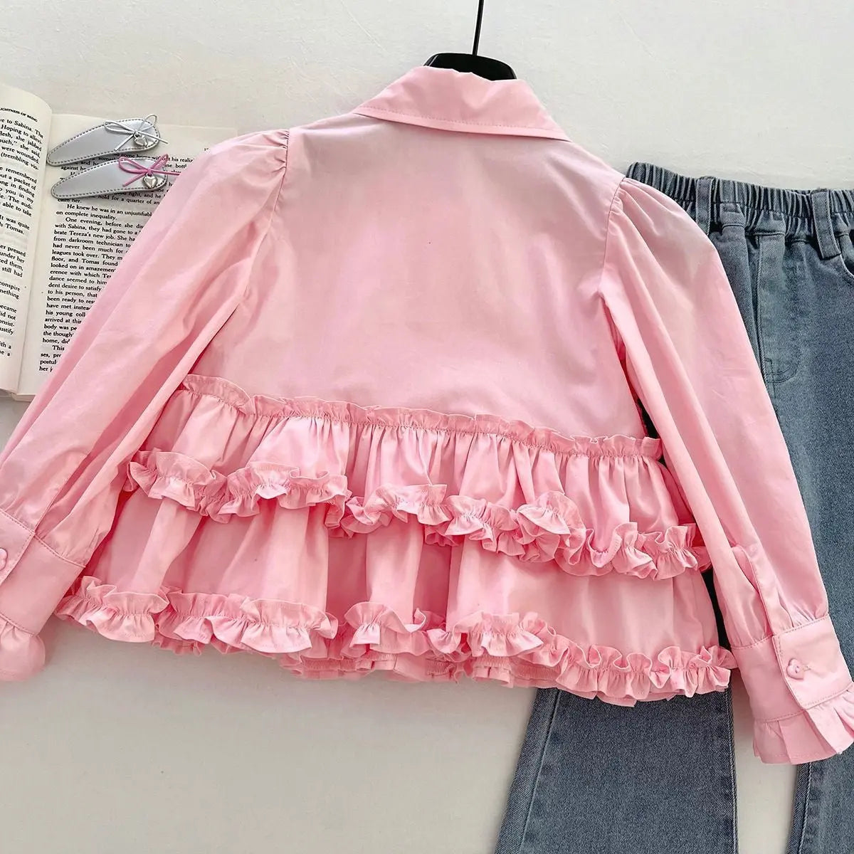 Girls Pink Ruffle Shirt And Denim Set