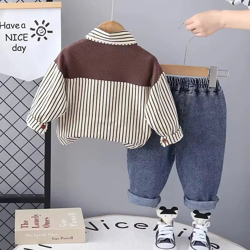 Boys Striped Shirt With Attached Muffler And Jeans Set