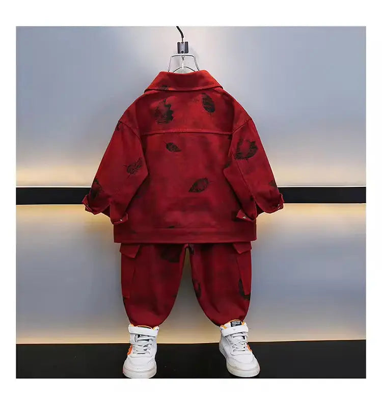 Boys Red Denim-Style Jacket & Jogger Co-ord Set with White Tee