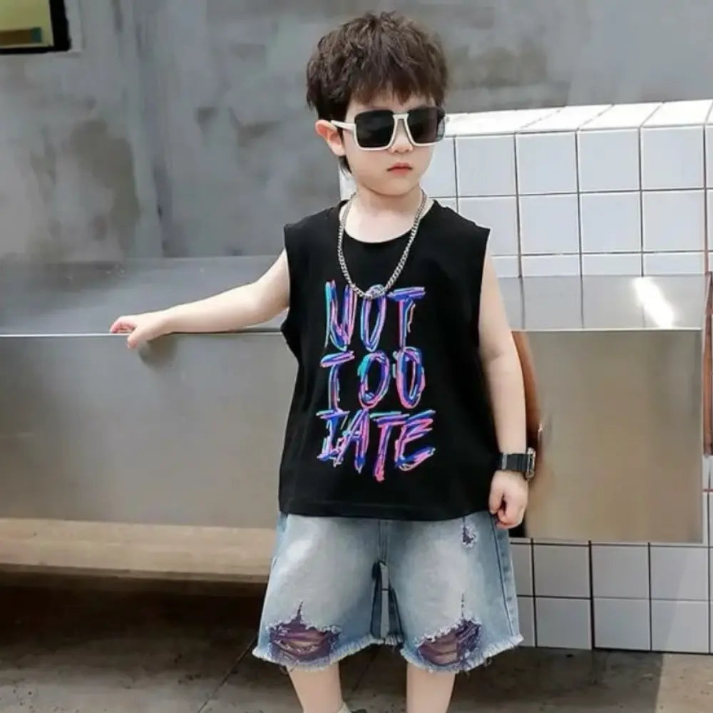 Boys Black Graphic T-shirts And Rugged Shorts