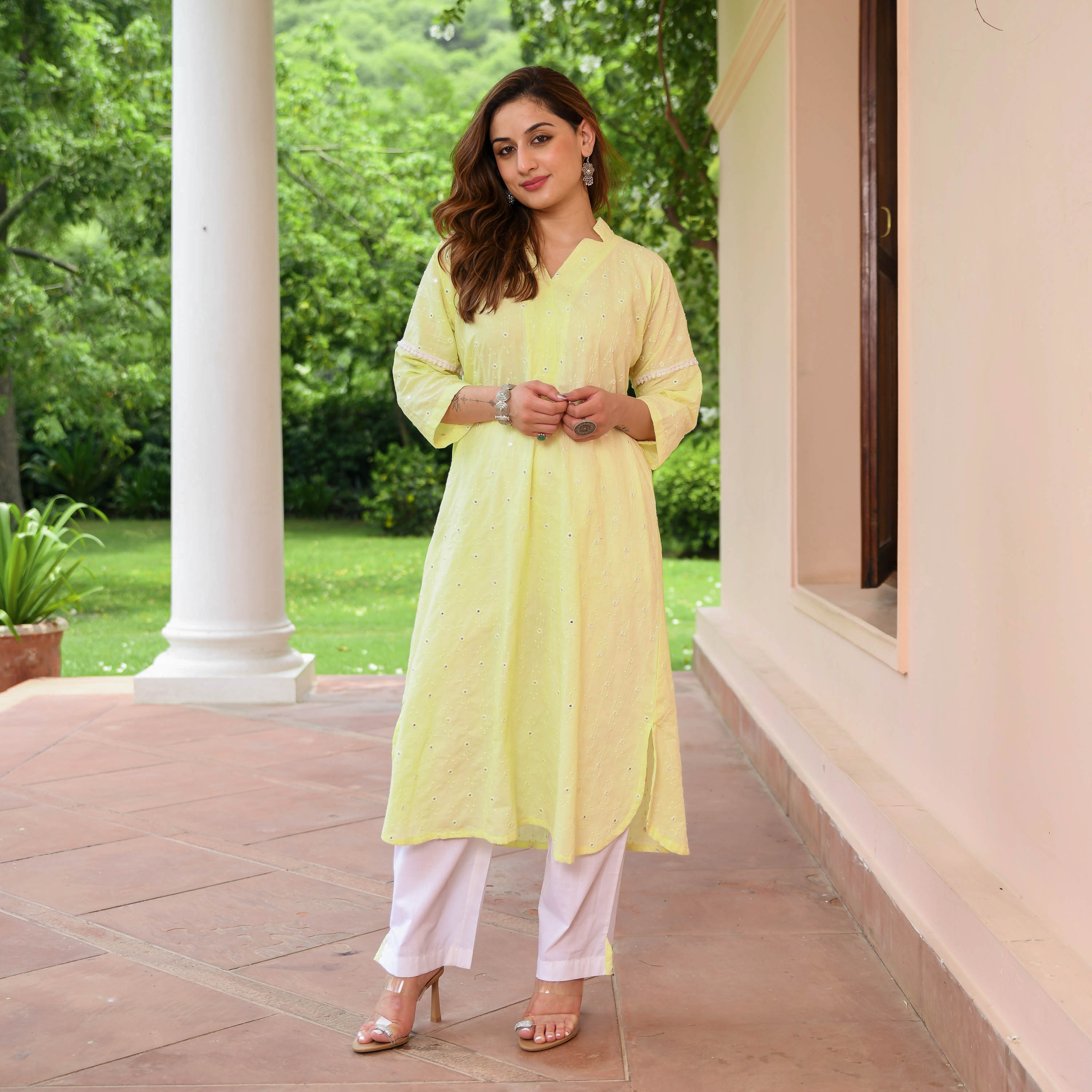 Yellow Embroidered Cotton Kurta Pants