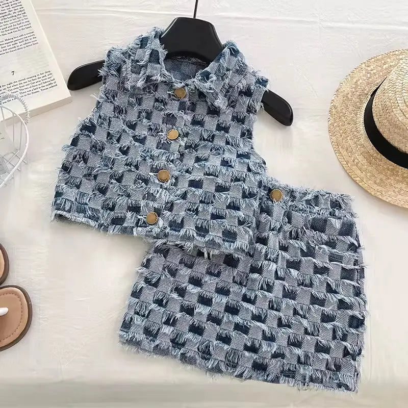 Girls Denim Top And Skirt Set