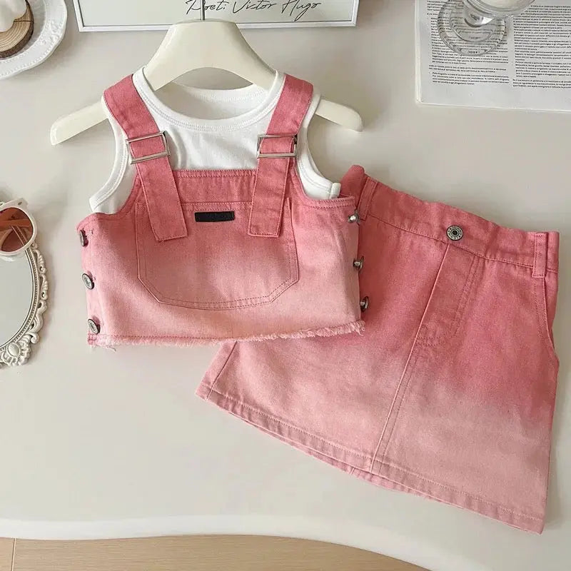 Girls Pink Denim 3 Pcs Set