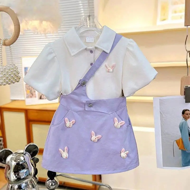 Girls White Top And Purple Suspender Skirt 2 Pcs Set