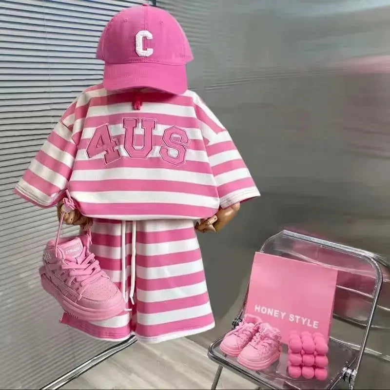 Girls Pink Striped Top And Shorts 2 Pcs Set
