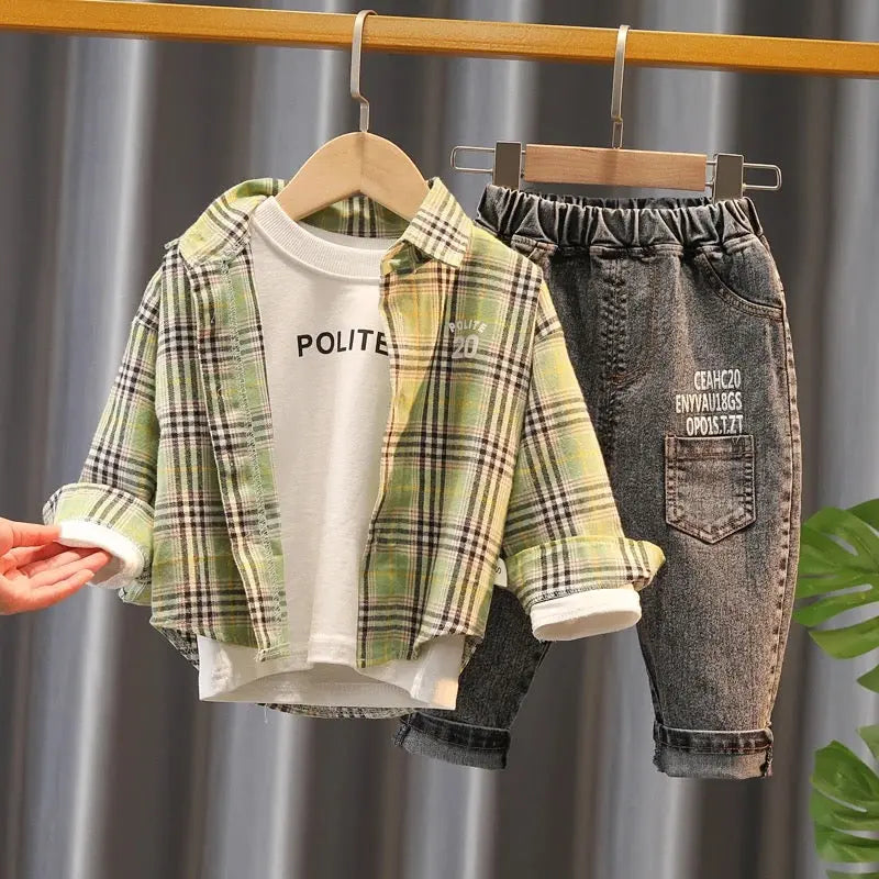 Boys Green Checkered Shirt With T-Shirt And Jeans