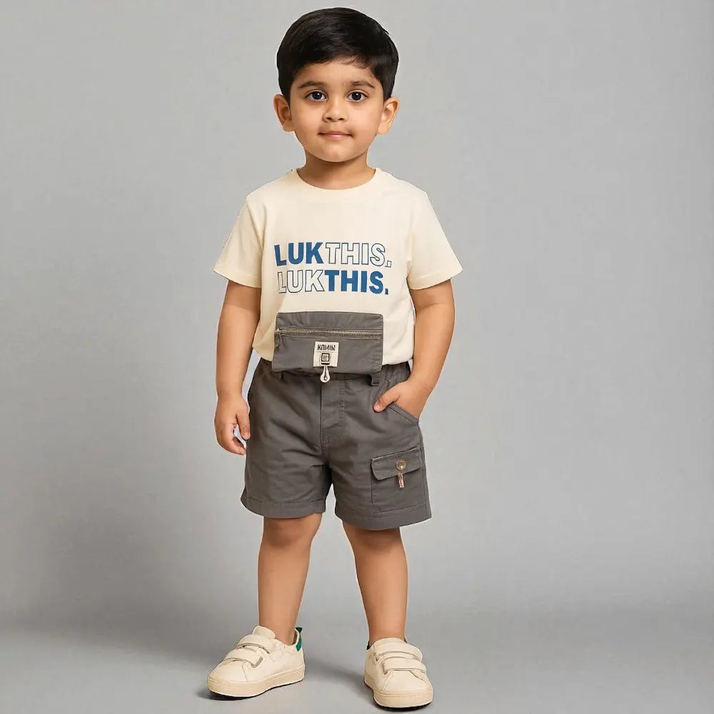 Boys Graphic Tee & Cargo Shorts Set with Waist Pouch