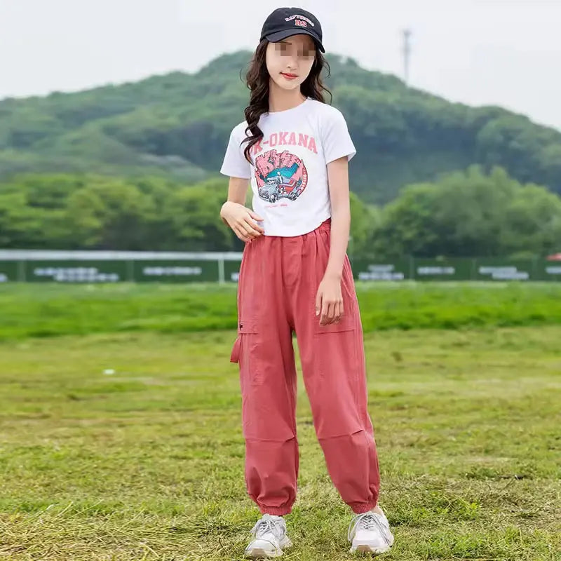 Girls White T-Shirt And Pink Cargo Pants 2 Pcs Set