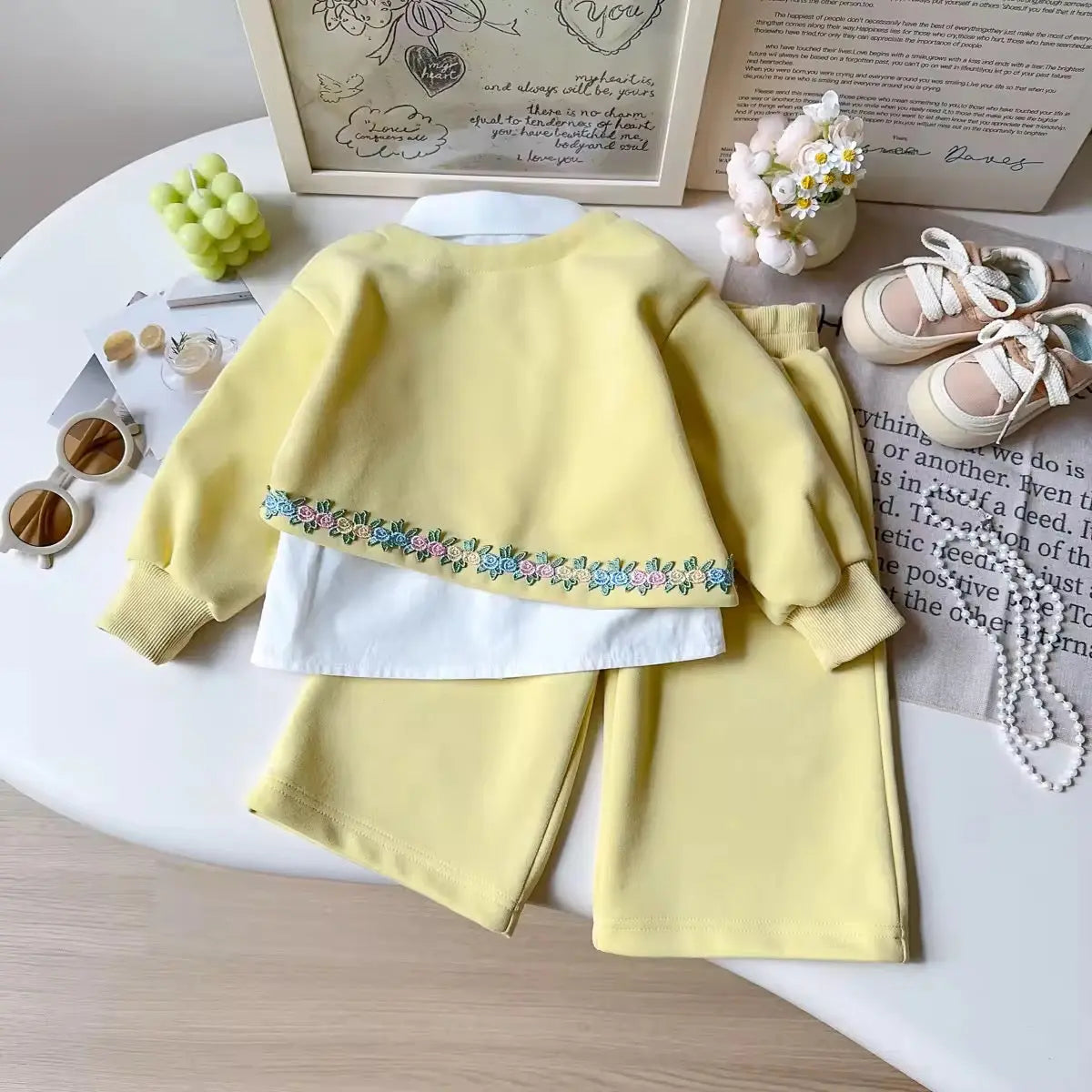 Girls Yellow Floral Embroidered 3 Pcs Set